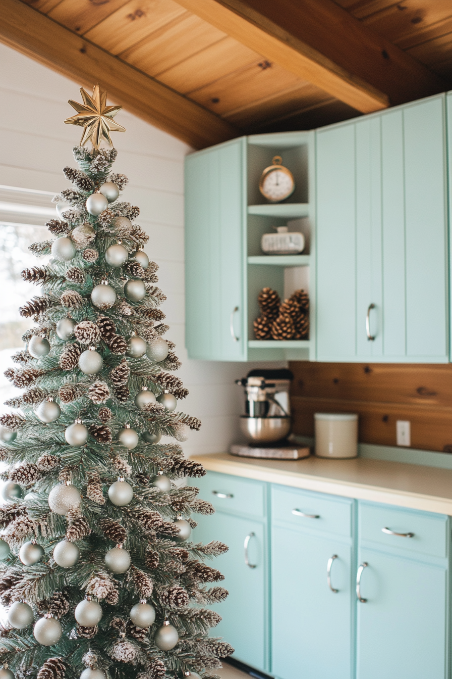 Wide angle of retro-styled interior. Mint colored cabinets with pinecone-studded aluminum Christmas tree by frozen lake.