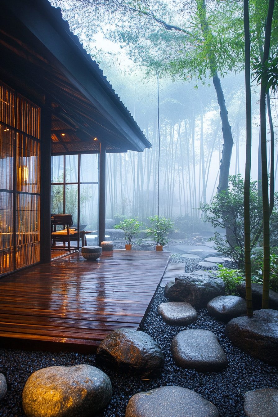 Wide angle view. Minimalist tiny house deck, bamboo screens, rock garden, mist-enveloped bamboo forest.