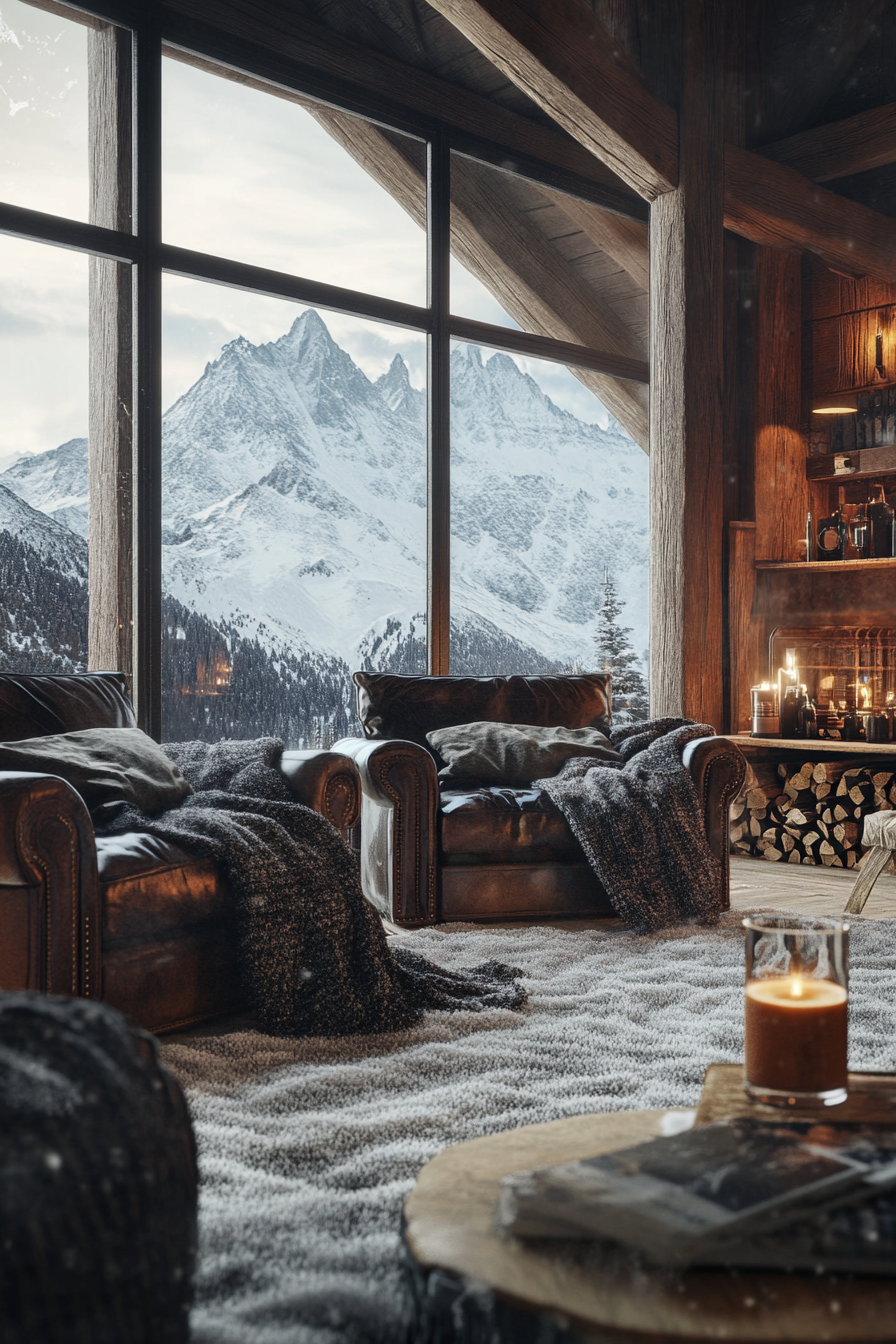 Ski lodge interior. Worn leather armchairs, grey wool blankets, hot cocoa station, wide-angle snow peak view.