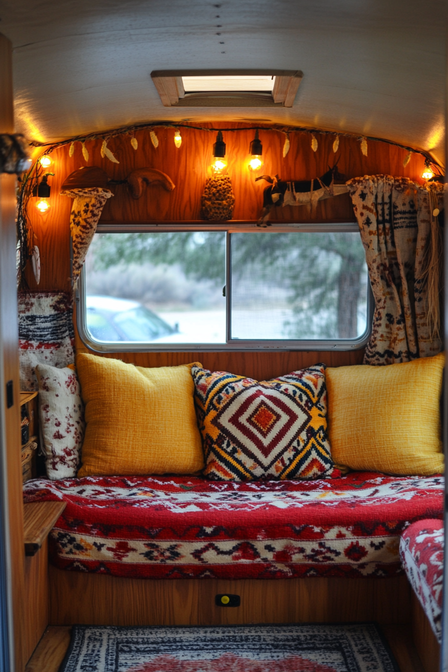 Desert-Boho camper reading corner. Red southwest textile with yellow patterned cushions, under soft book lights.