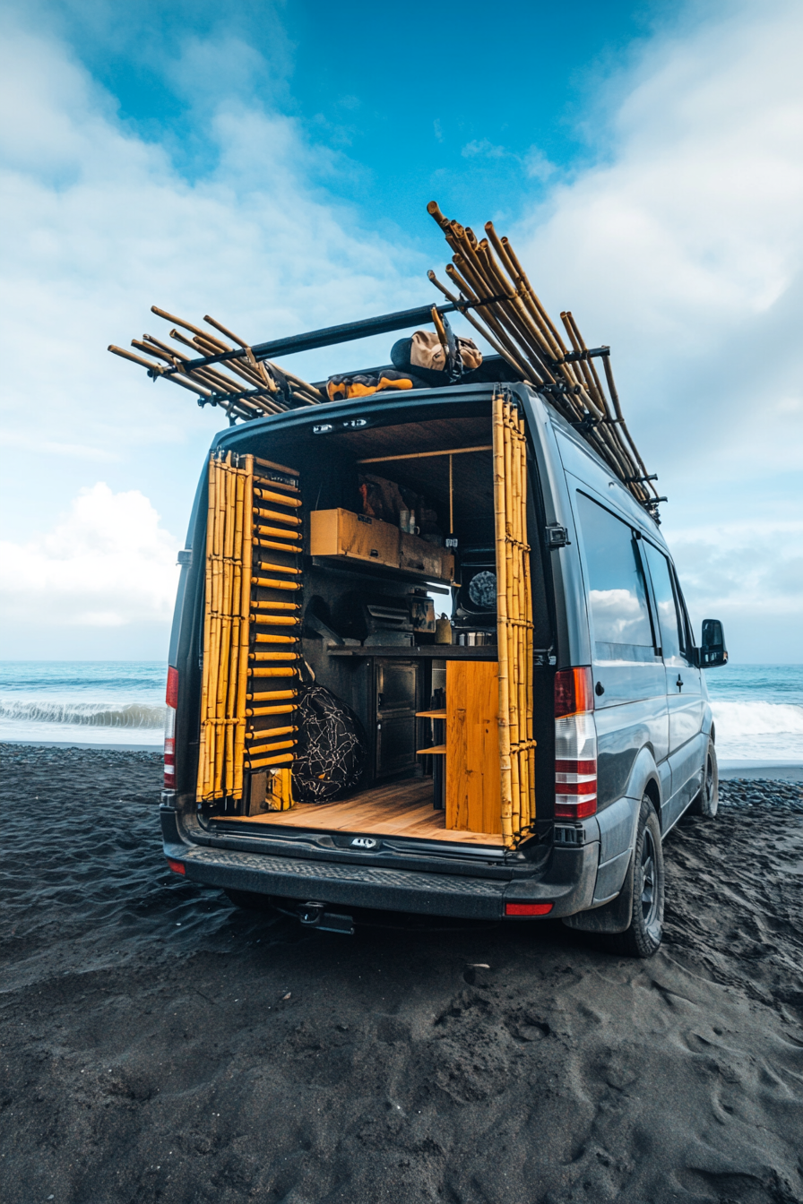 Wide-angle beach van setup. Bamboo racks, outdoor shower, poised on volcanic black sand beach.