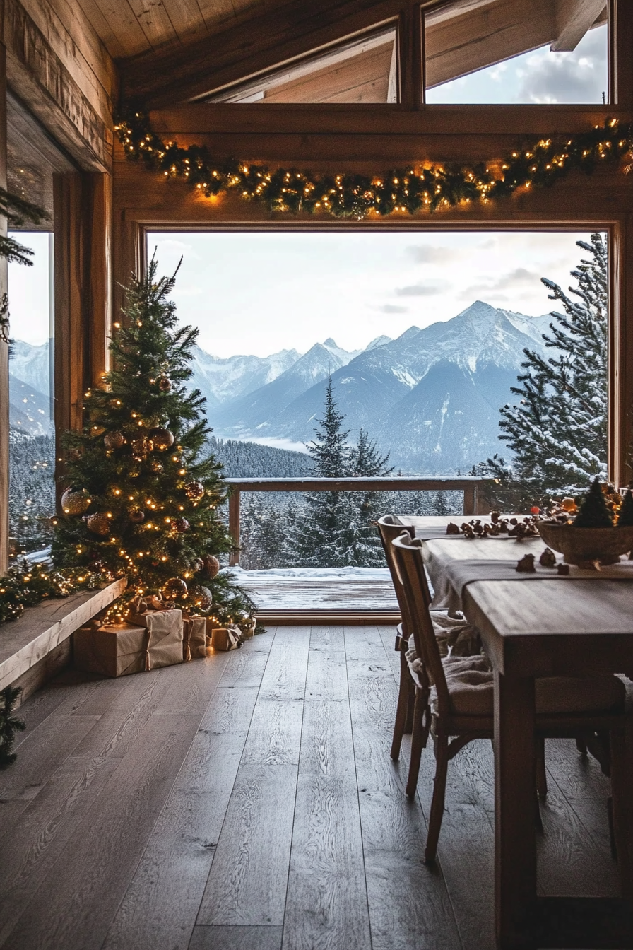 Farmhouse-style space. Wide angle view, pine garlands, wooden ornaments, snowy mountains backdrop.