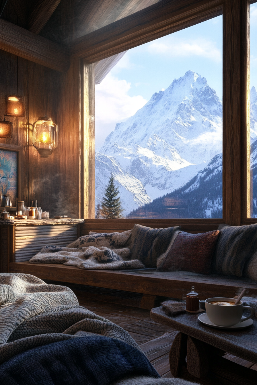 Ski lodge interior. Wool blankets on wooden bench, hot cocoa station, snow-capped peaks through window.