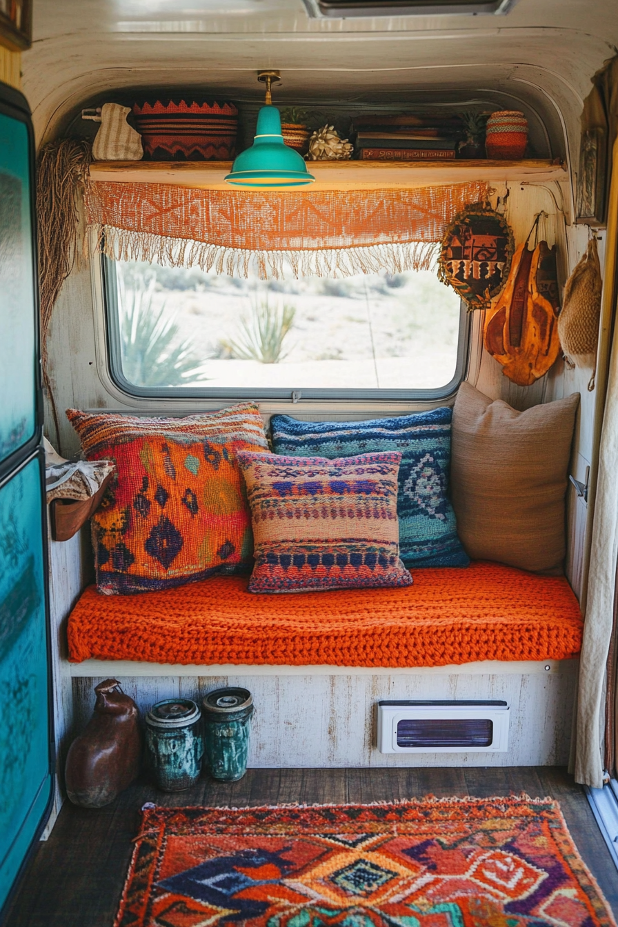 Desert-Boho camper reading corner. Turquoise book light, Navajo knit cushions, orange hemp rug.