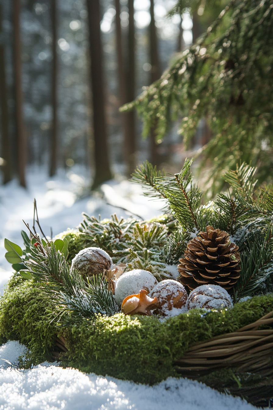 Wide angle holiday view. Mossy woodland decorations amidst snowy pines.