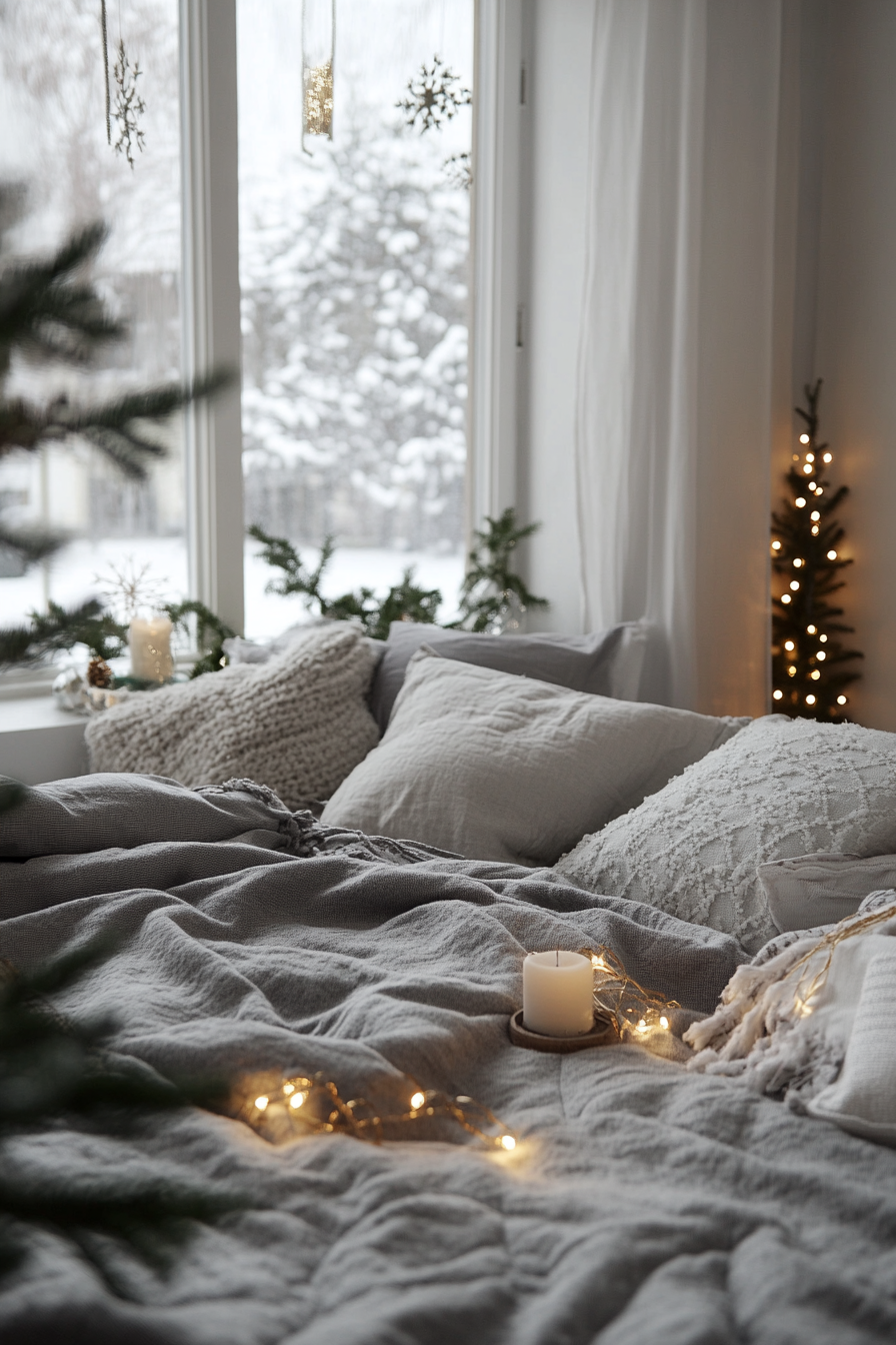 Wide-angle view. Nordic Festive Sleeping  Nook. Gray Flannel Bedding. Snowy Landscape and Gold String lights.