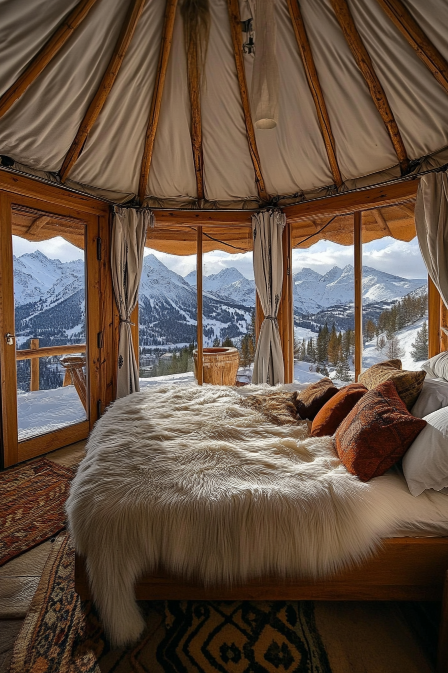 Alpine-view yurt bedroom. Rustic bed with white fur throws, panoramic windows overlooking snowy peaks.