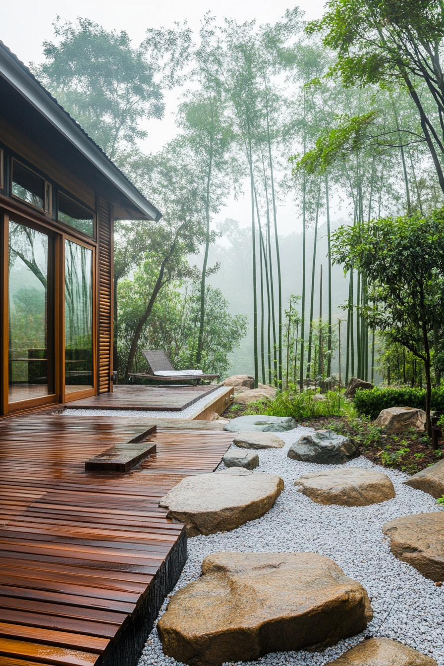 Wide angle view. Minimalist tiny house deck, bamboo screens, rock garden, misty bamboo forest.