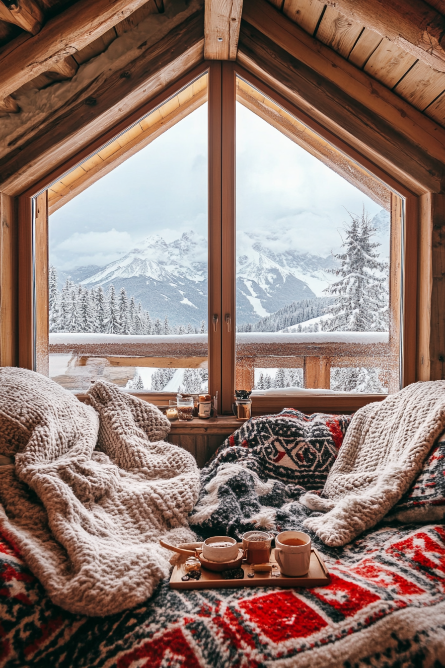 Wide angle interior view. Ski lodge with woolen blankets and cocoa by snow-peaked window view.