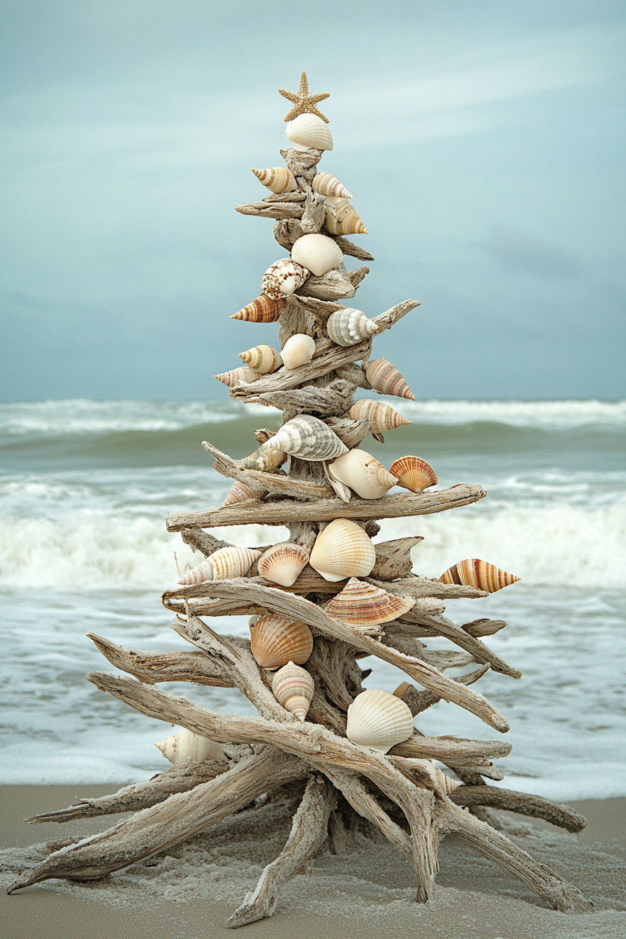 Holiday decor. Driftwood tree adorned with shell ornaments, overlooking winter beach waves.