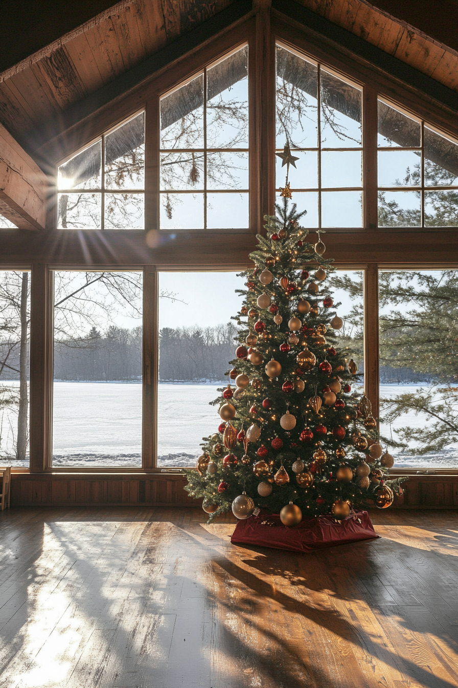 Wide angle holiday interior. Retro-style ornaments on aluminum tree, frozen lake visible through window.