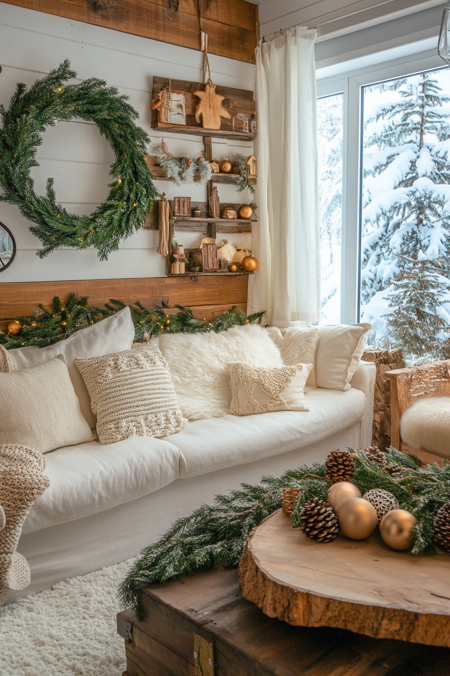 Wide angle view. Farmhouse-style room, pine garlands, wooden ornaments, snowy mountain backdrop.