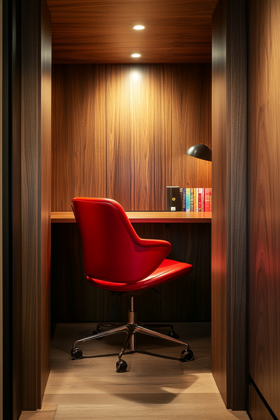 Mobile workspace. Wide view with walnut panels, red Eames chair, dimmed corner light.