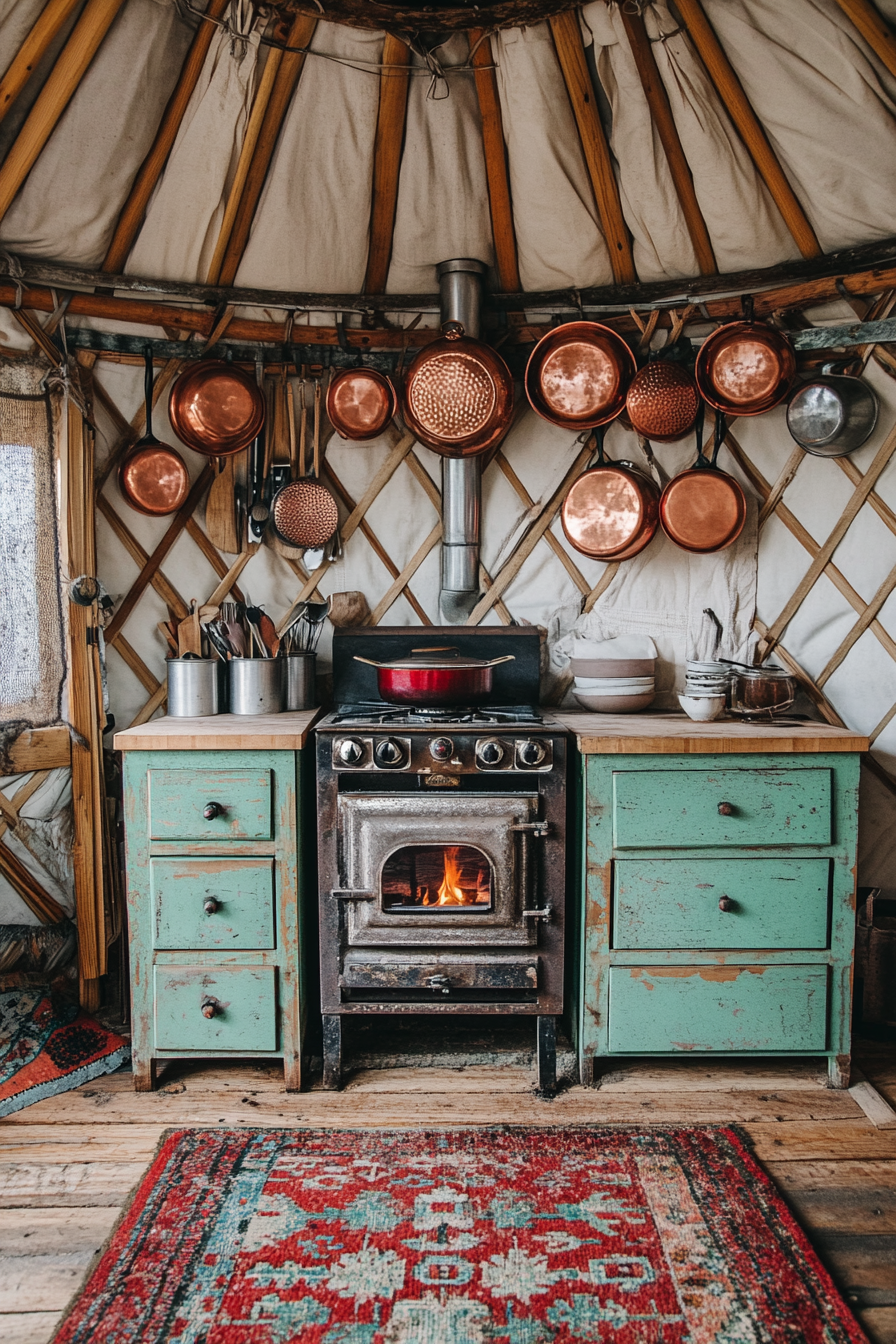 Alpine-style yurt kitchen. Wood stove paired with hanging array of oxidized copper pots.