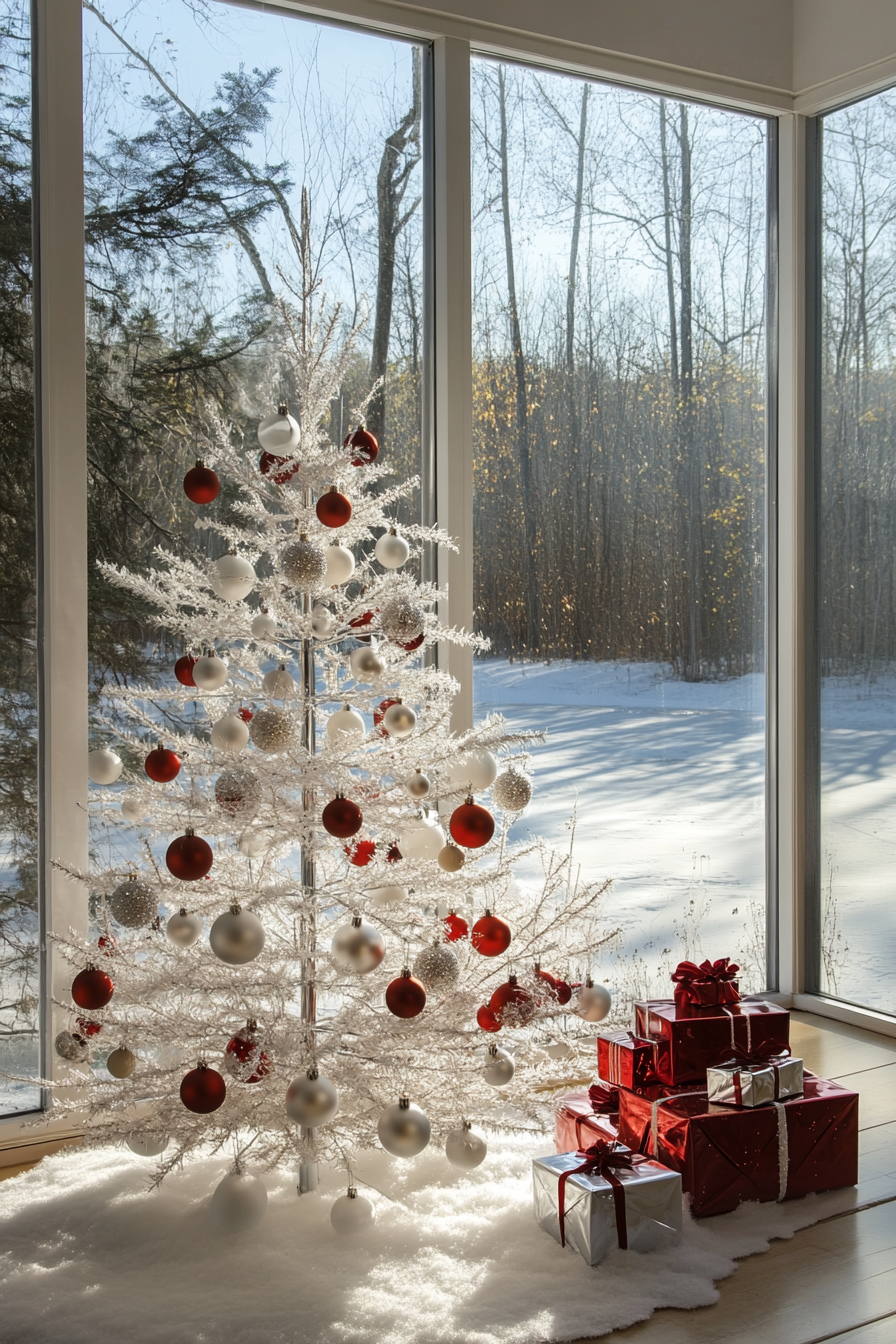 Wide angle retro holiday interior. Aluminum tree with classic ornaments by frozen lake.