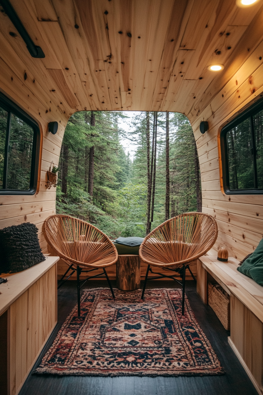 Woodland-style van lounge. Pine paneling, forest view, rattan camp chairs.