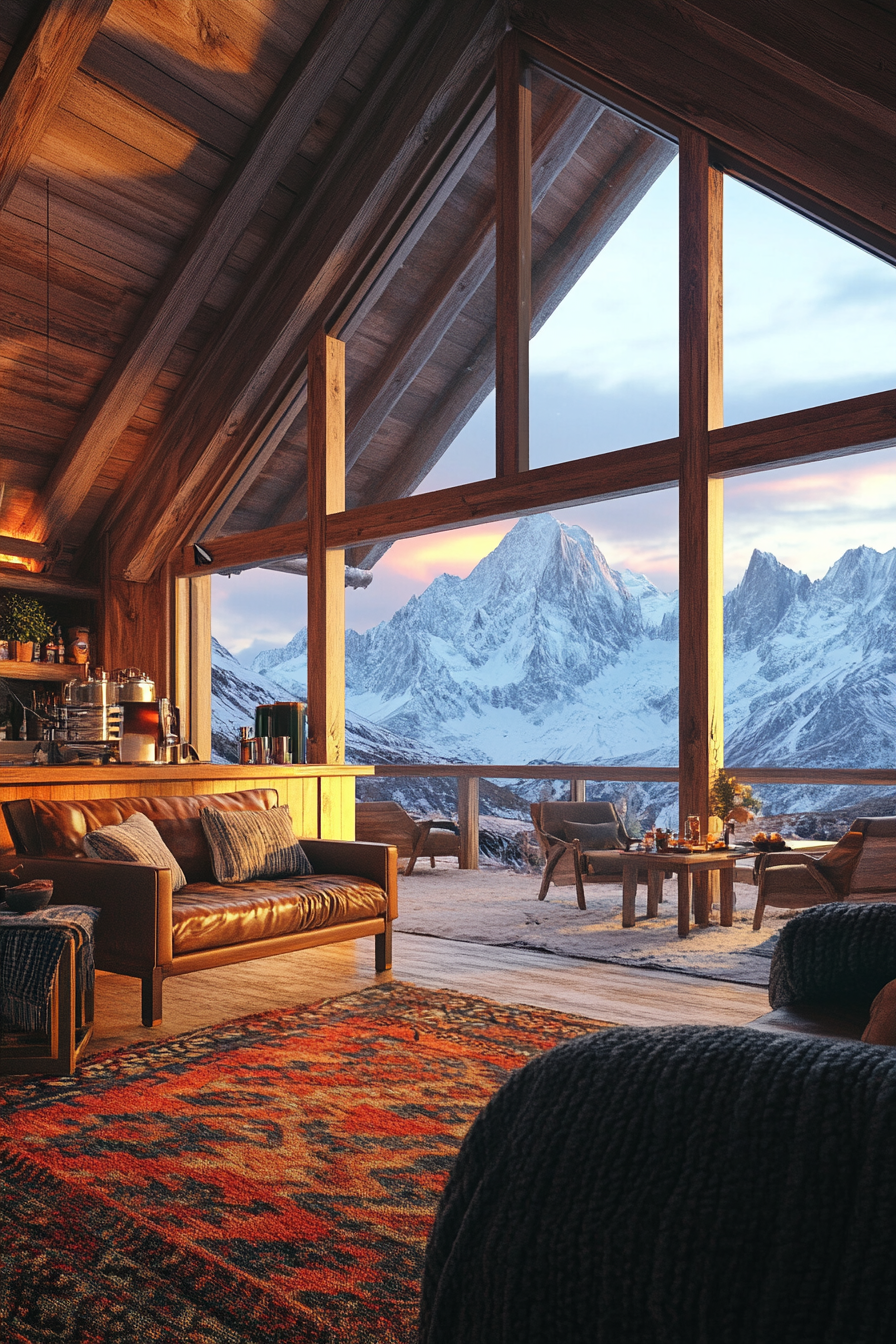 Wide angle view. Ski-lodge interior with wool blankets and hot cocoa station by snow-capped peaks.