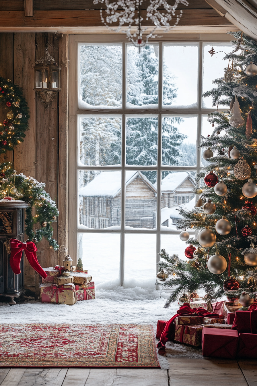 Wide angle Christmas interior. Vintage ornaments, velvet ribbons, snow-covered village view.