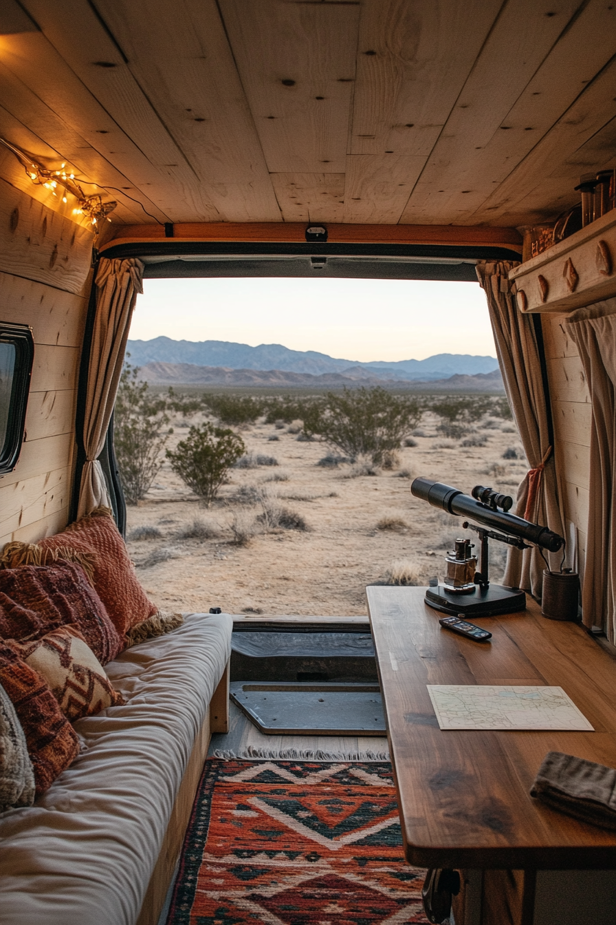 Van rooftop desert view. Mounted telescope, star map table, wooden lounger.