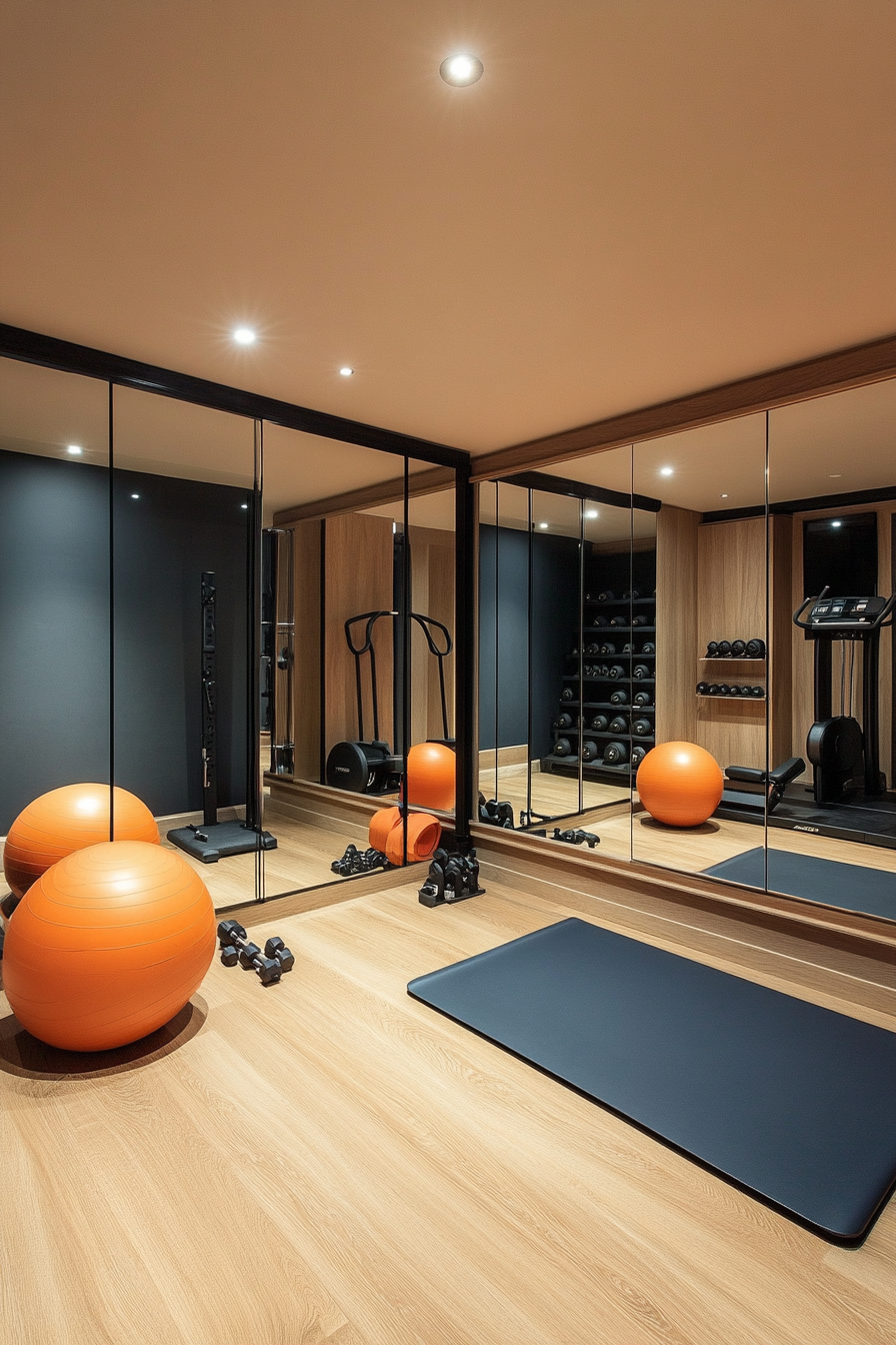 Contemporary tiny gym. Mat storage, exercise space and fully-mirrored west wall.