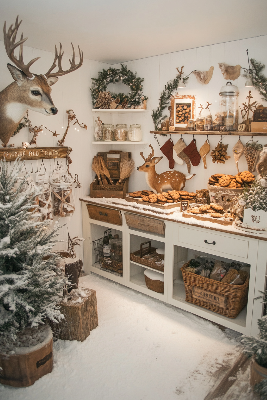 Wide angle view. Holiday baking haven with deer cookie station, spice storage and snowy meadow.