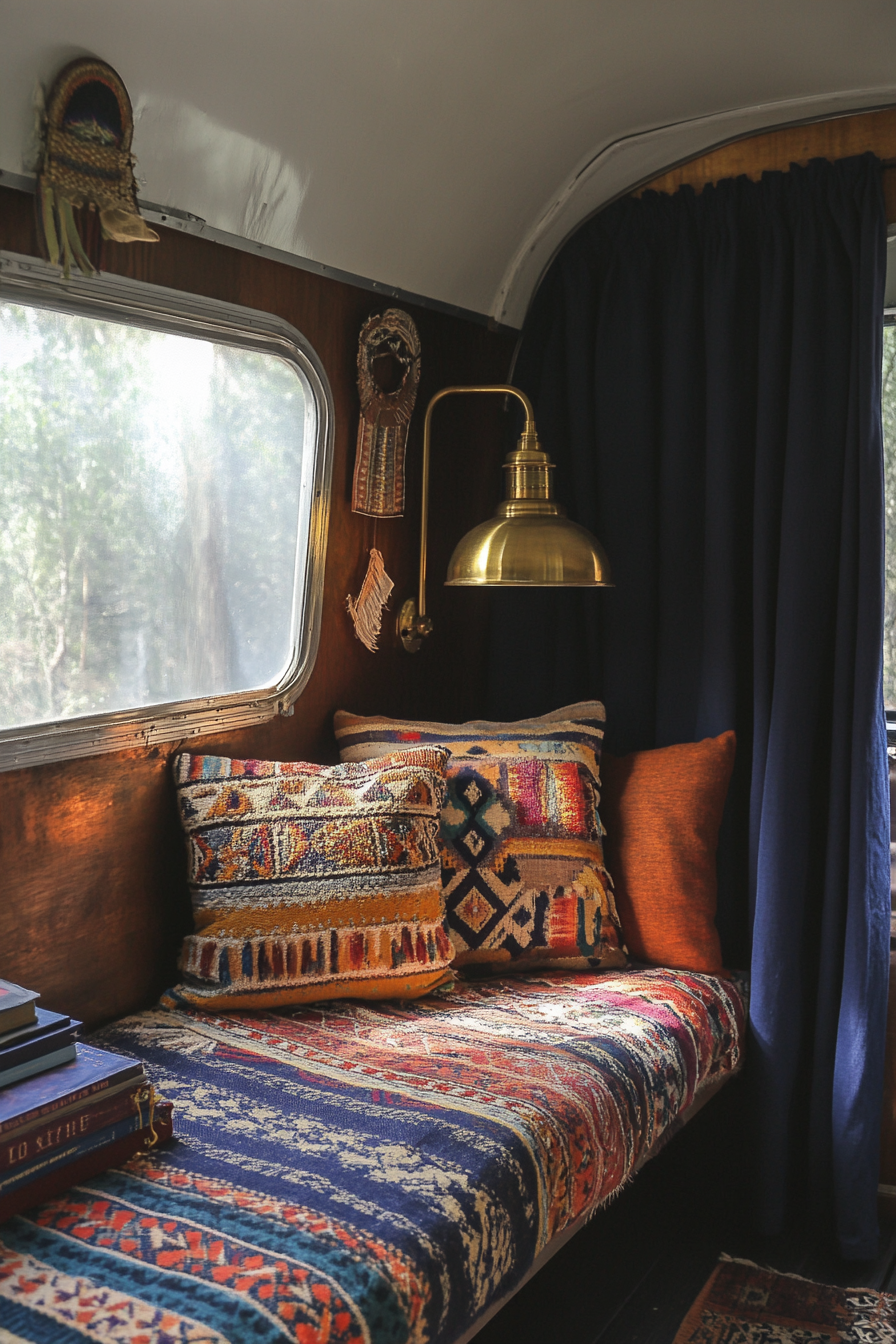 Desert-Boho reading corner. Aztec-print cushions, brass book light, midnight-blue camper curtains.