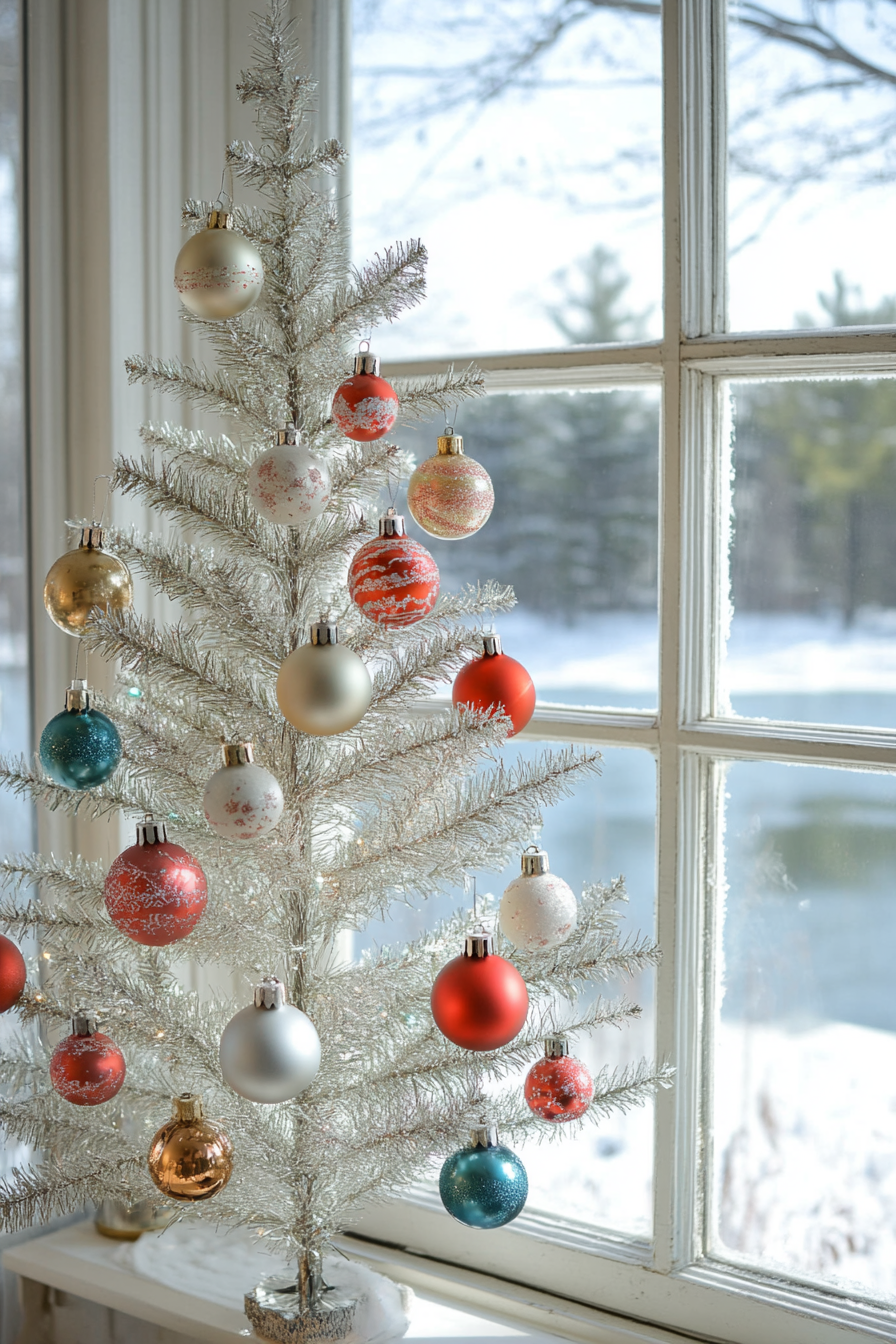 Retro holiday interior. Aluminum tree and classic ornaments by a frozen lake.