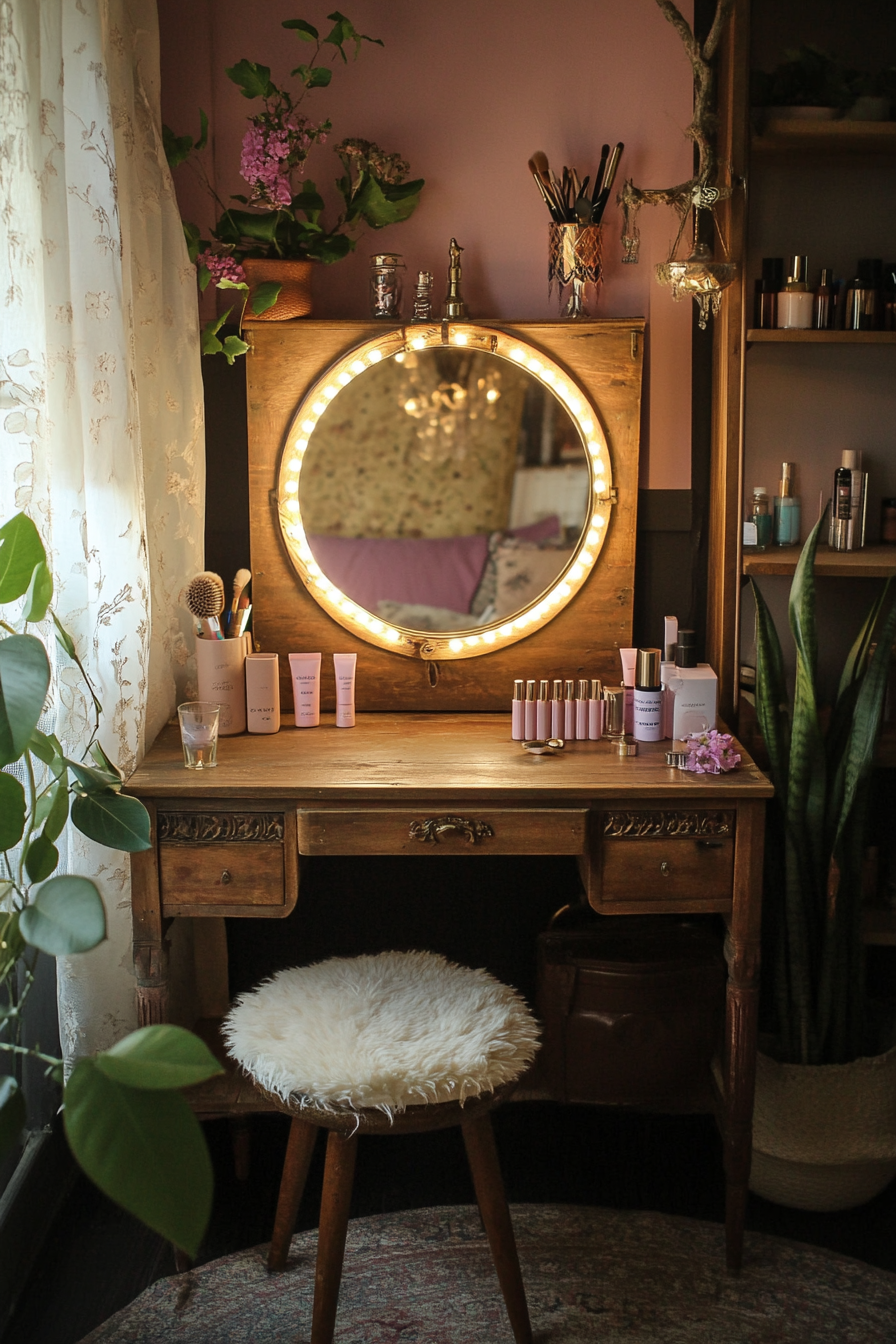 Bohemian Van Vanity. Vintage distressed wood makeup storage, pale pink ring light, brass folding mirror.