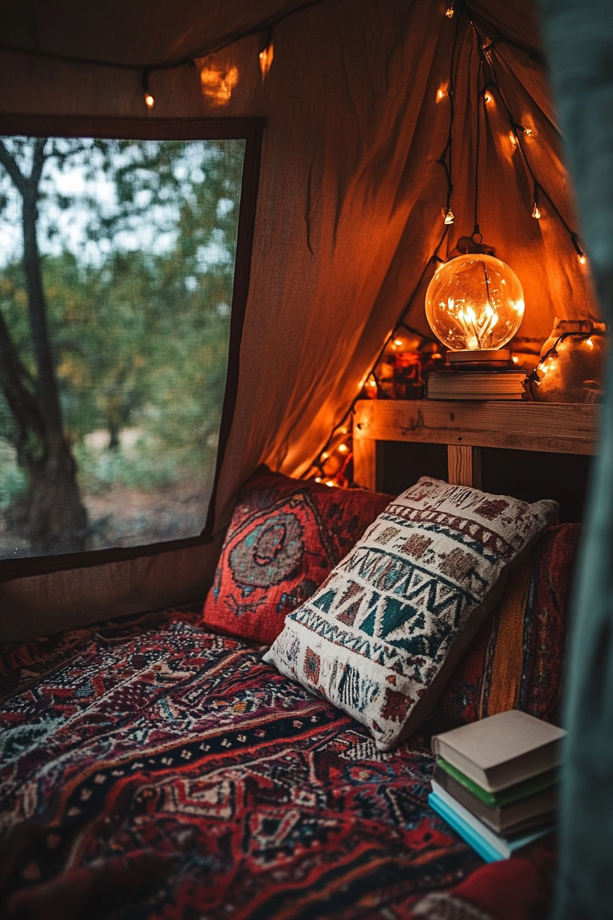 Desert-Boho Camper Reading Corner. Tealight fire globe with southwestern tribal print, Navajo textiles, linen book lights.