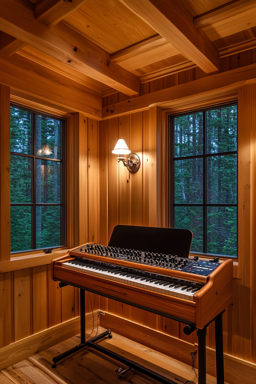 Woodland-style music room. Soundproof wall panels of deep pine complementing vintage cherrywood keyboard mount.