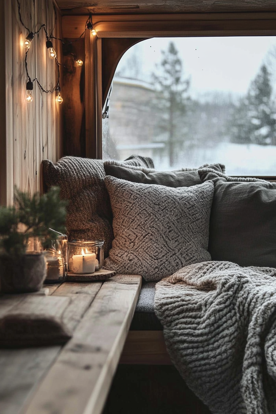 Scandinavian camper lounge. Hygge lights, wool throw, wooden accents.