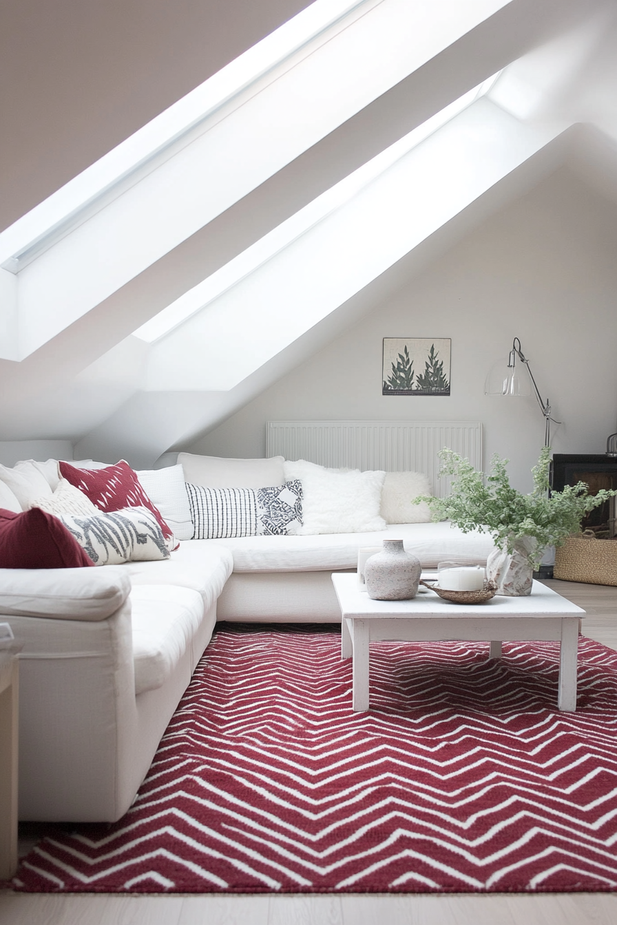 Scandinavian-inspired space. Red chevron rug, white low-slung couch, northern lights visible through skylight.