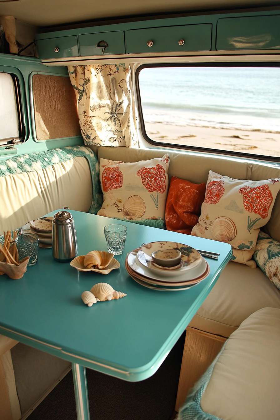 Van dining area. Fold-out teal table, shell decor, ocean-facing seat cushions in sandy beige.