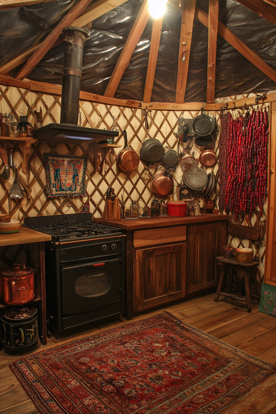 Alpine-style yurt kitchen. Wood stove, antique copper pot set, chili pepper spice wall.