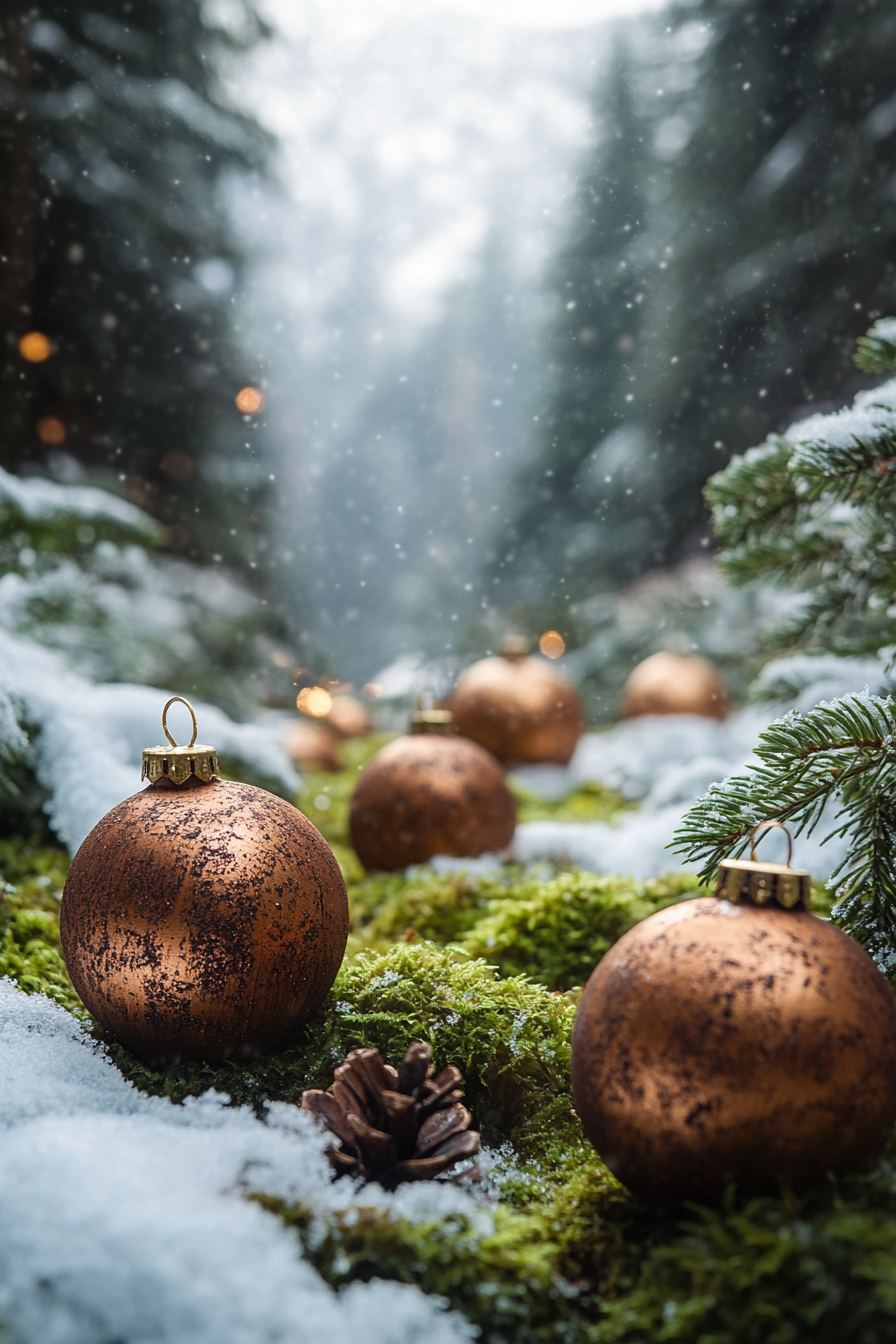 Wide angle holiday space. Wooden ornaments scattered on moss, framed by snow-enhanced pine trees.