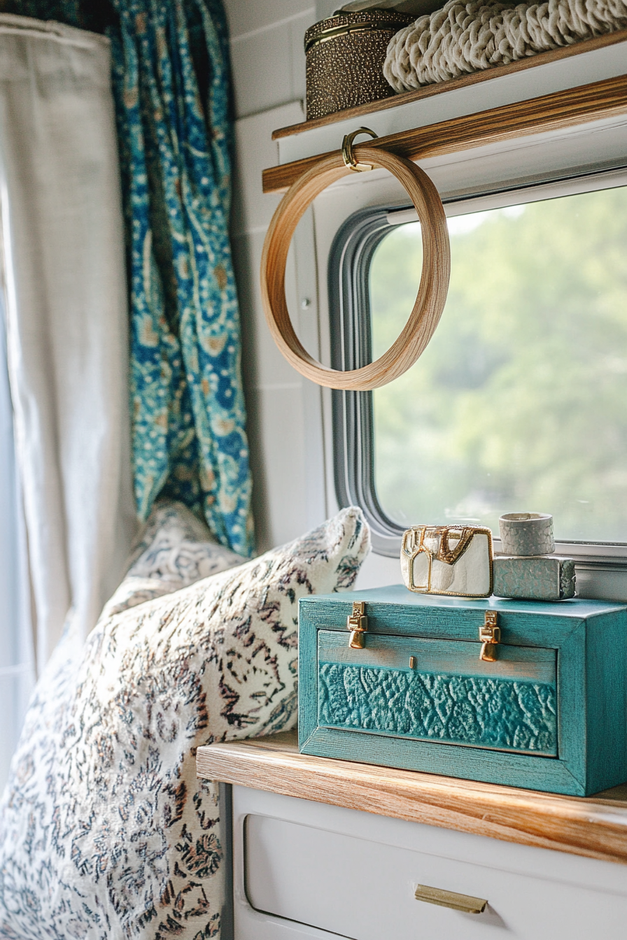 Bohemian van vanity area. Wooden ring light next to a turquoise jewelry box.