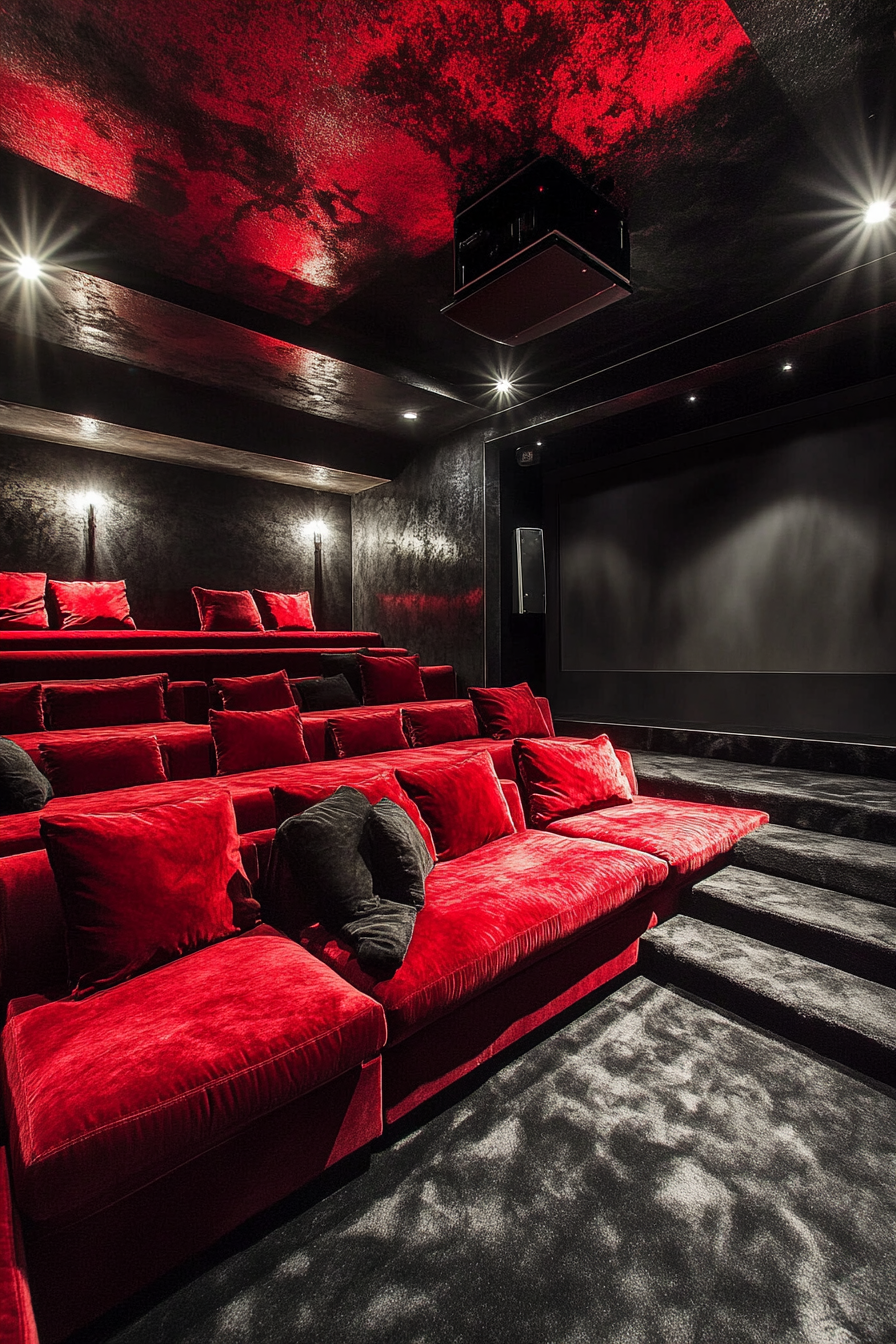 Contemporary Tiny Theater. Red velvet tiered seating, black projector wall, metallic surround sound system.