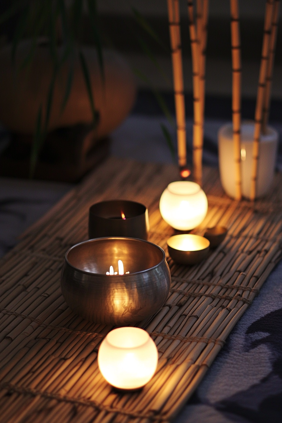 Zen-style van meditation room. Bamboo mat, silver incense holder, singing bowls, illuminated tealights.