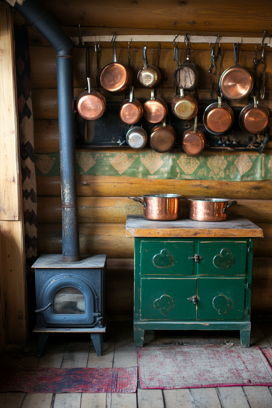 Alpine-style yurt kitchen. Wood stove surrounded by rack of hanging copper pots.