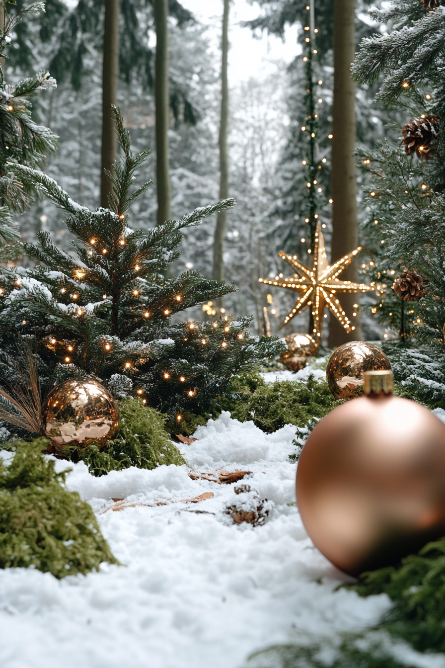 Wide angle holiday space. Woodland decorations, moss details, snowy pines surrounding.