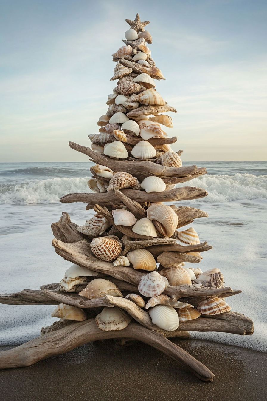 Holiday décor. Driftwood tree adorned with seashell ornaments, overseeing winter beach waves.