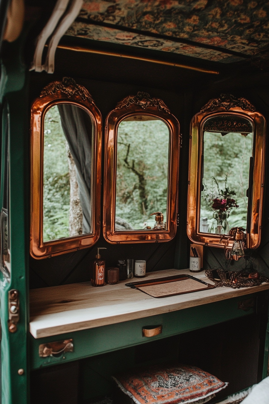 Bohemian van vanity area. Easily foldable three-paneled mirror with copper frame.