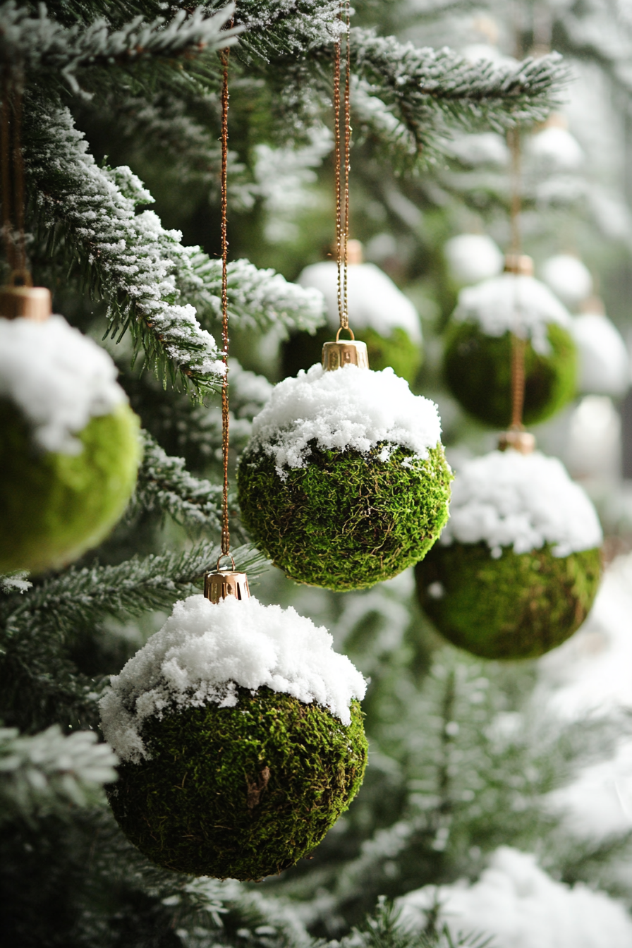 Wide-angle holiday space. Snowy pines cradling moss-adorned woodland ornaments.