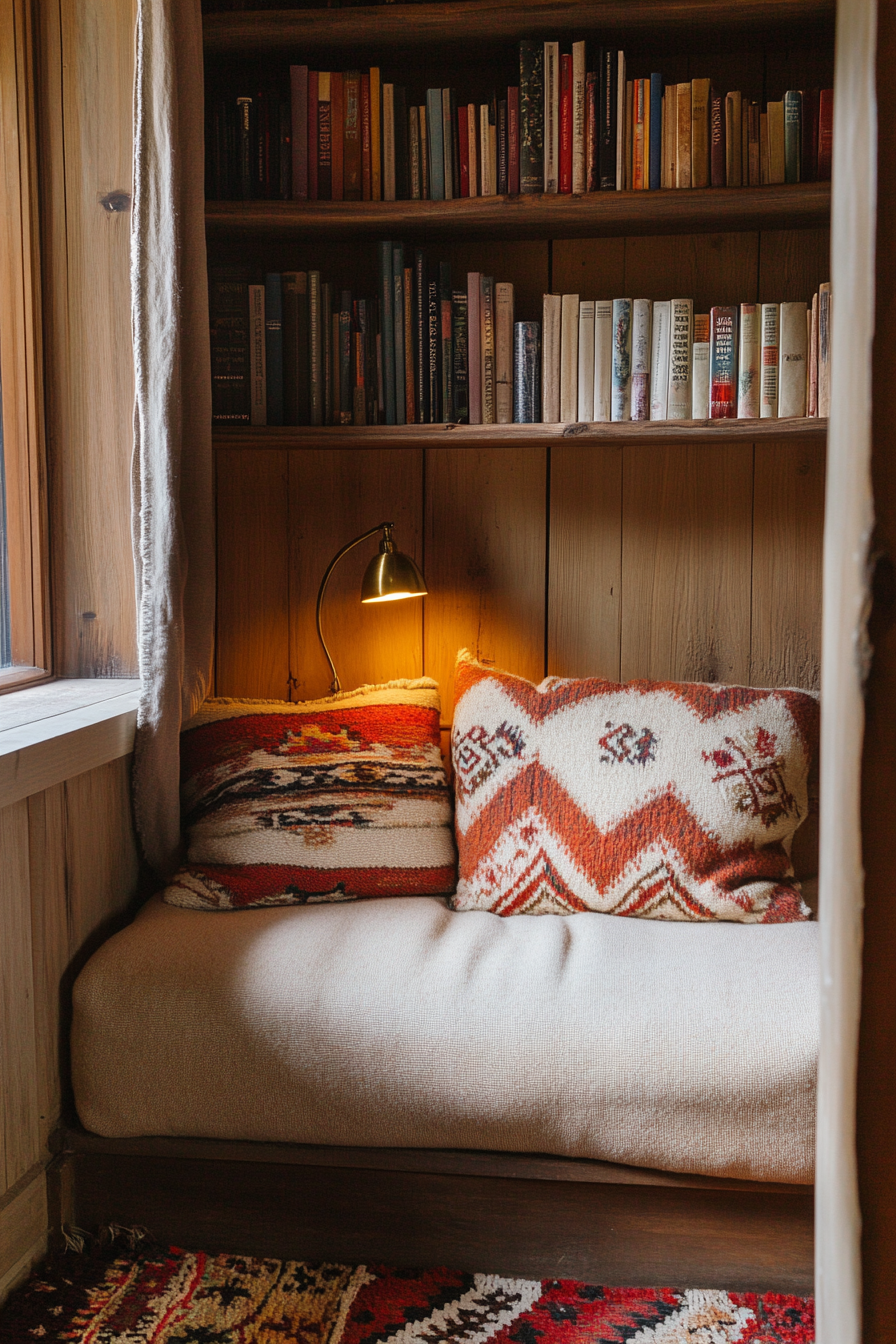 Reading corner. Camel mohair cushion, small brass book light, sunset-toned Navajo blanket.