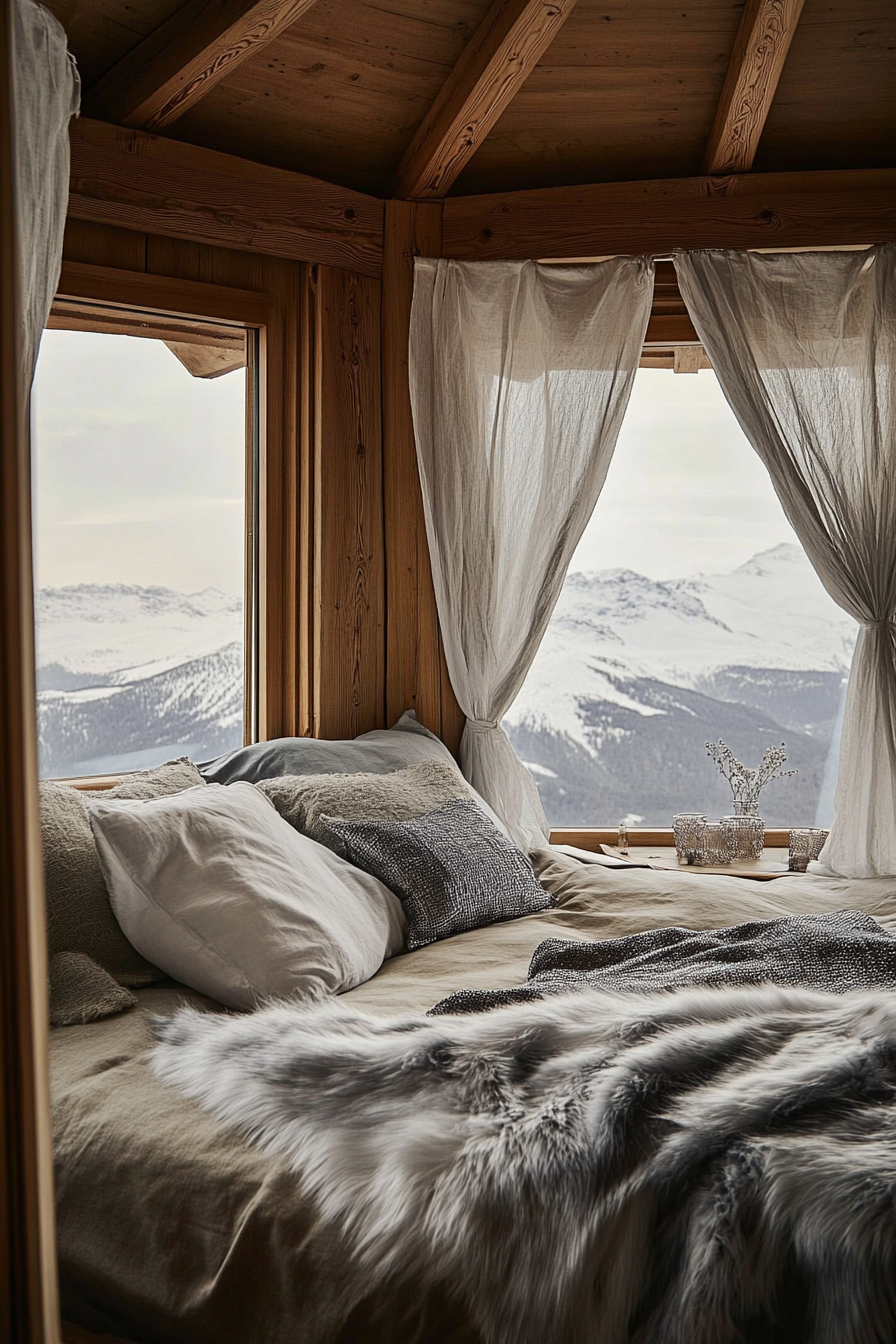 Alpine-view yurt bedroom. Oak rustic bed set against transparent panoramic windows, draped with silver fur throws.