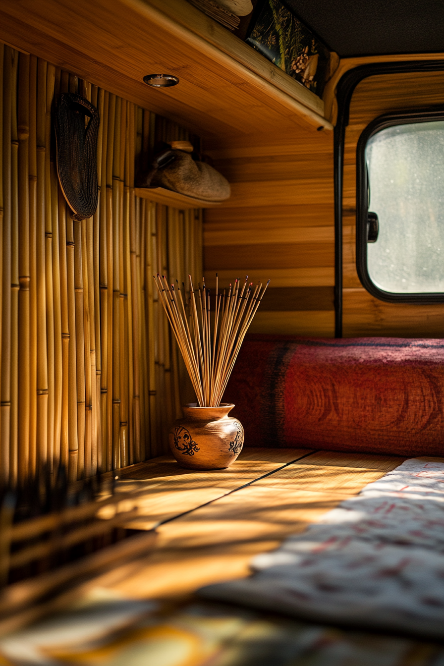 Zen-style van meditation room. Bamboo wall panels and vivid rosewood incense holder.