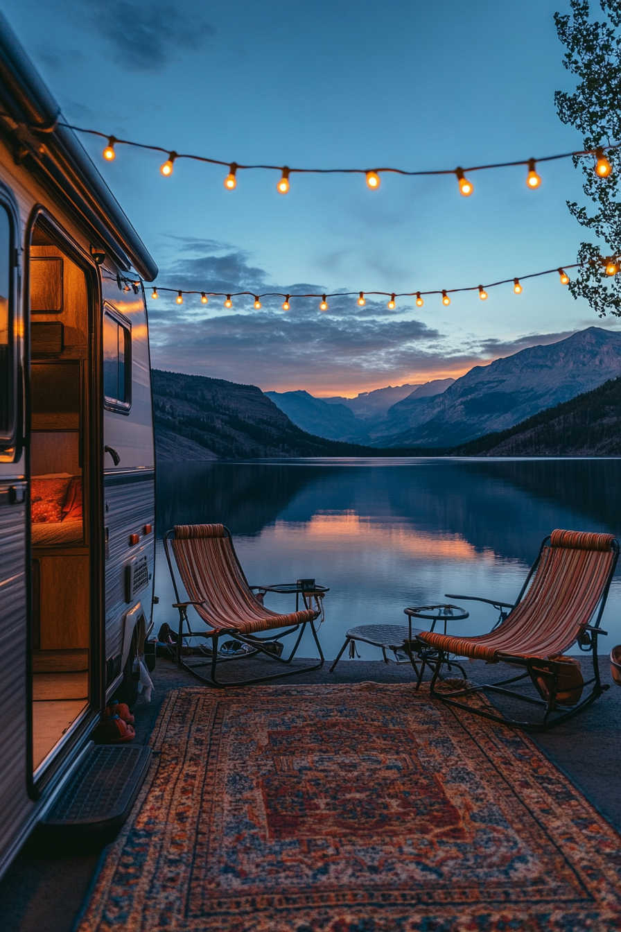 Wide-angle view. Retro-styled RV with metal gliders, clear mountain lake view, twinkling string lights.