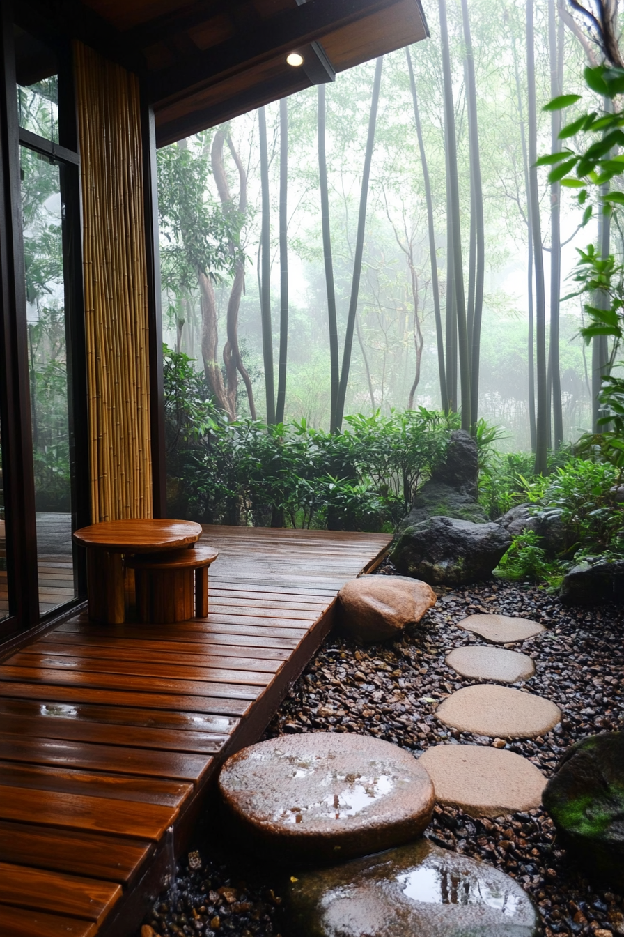 Wide angle view. Minimalist tiny house deck, misty bamboo forest, rock garden and bamboo screens.