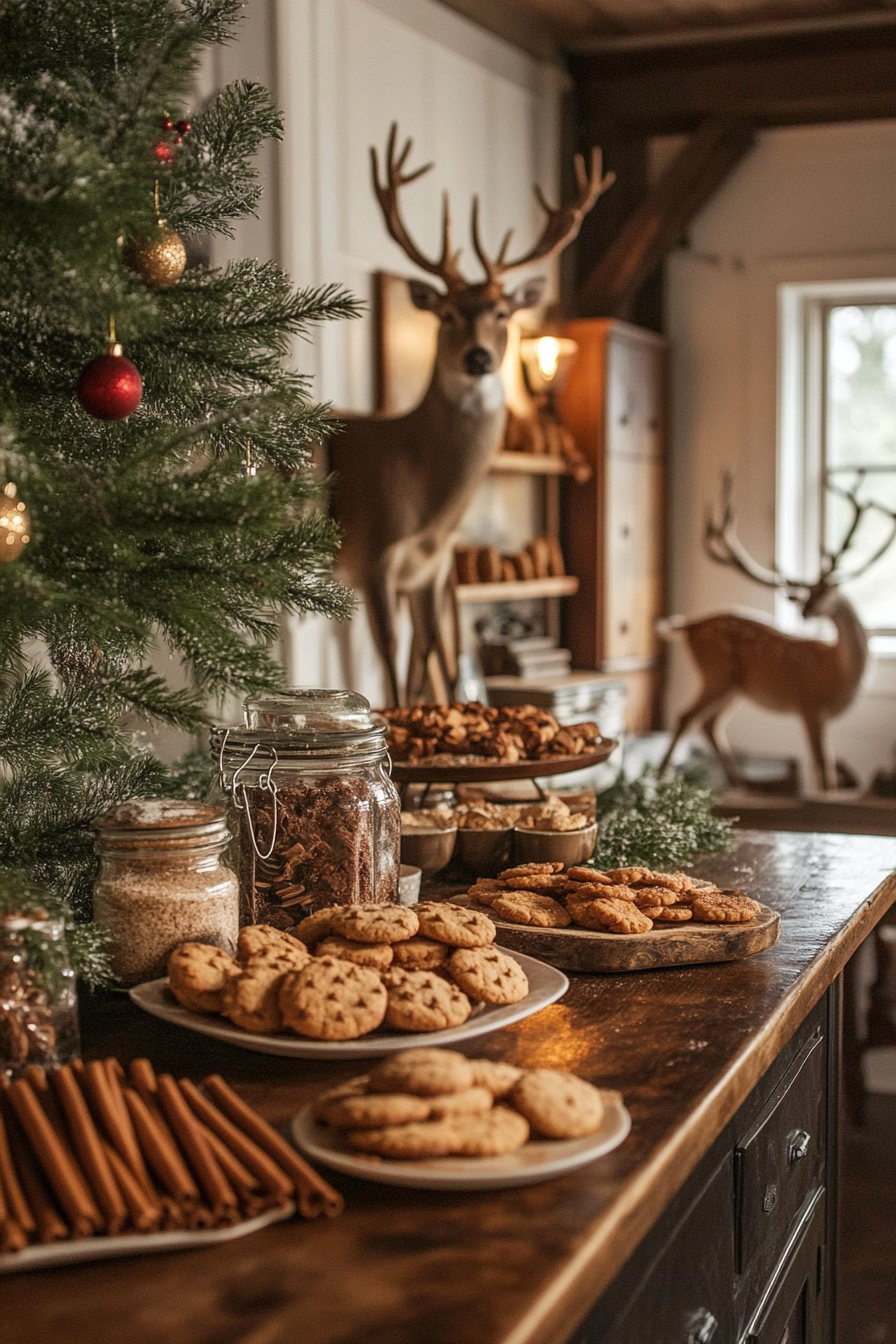 Wide angle view of holiday baking haven. Cookie station lined with cinnamon sticks, watching deer.