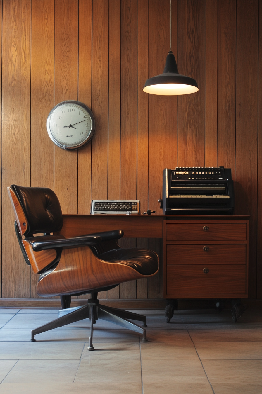 Wide angle mobile workspace. Walnut paneling, vintage Eames chair, under noir-styled lighting.